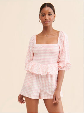 Mare Mare Anthropologie Gingham Ruffle Romper Puff Sleeves Pink Sz L Coquette